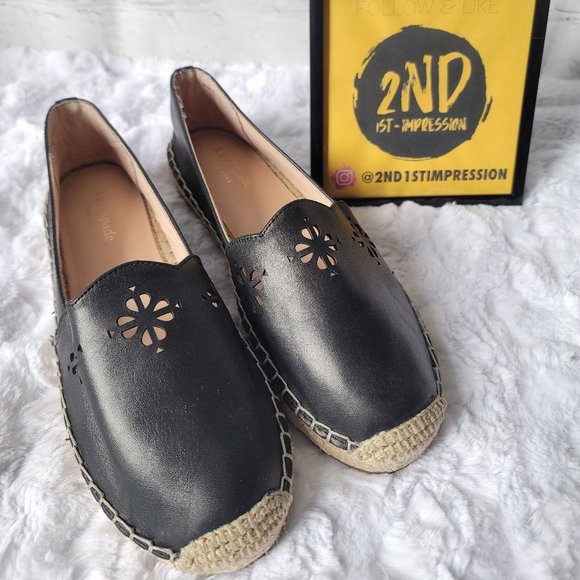 KATE SPADE Espadrille Gillian Black Leather Flats Slip On Laster Cutout Size 7 - Picture 1 of 12